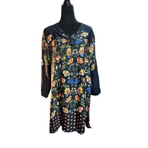 Johnny Was XL Black Floral Silk Tunic Dress Boho Art to Wear